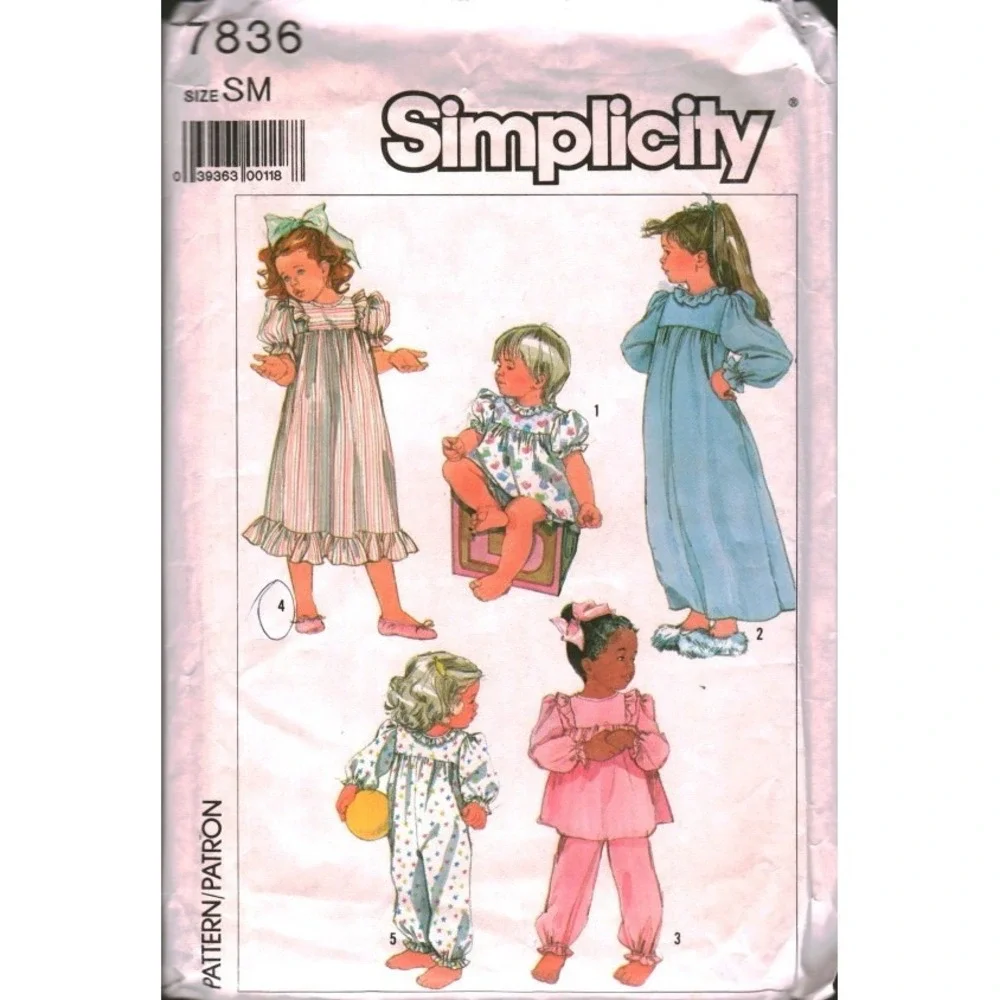 Vintage Simplicity 7836 Kids Sleepwear Pattern Nightgown Pajamas Sleeper Size SM